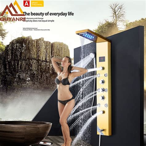 Quyanre Gold Nickel Digital Shower Panel Column Led Rain Waterfall Shower Massage Spa Jets Tub