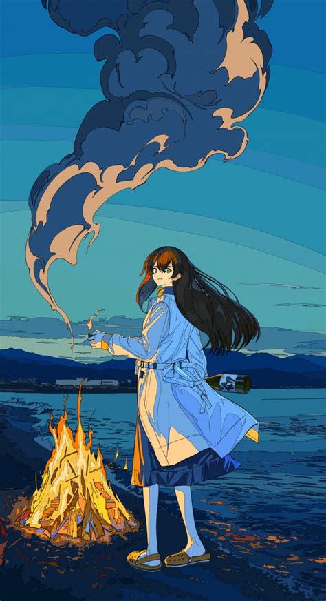 Wallpaper Anime Girl Bonfire Smoke Night Lighter