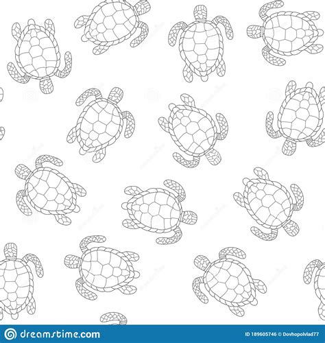 Seamless Pattern Turtles Line Art Black On White Background