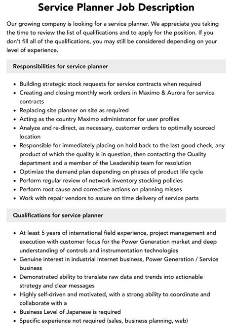 Service Planner Job Description Velvet Jobs