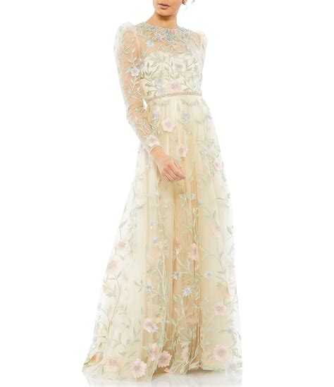 Mac Duggal Floral Illusion Jewel Neck Long Sleeve Beaded Gown Dillards