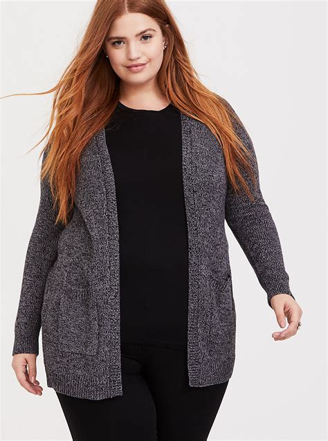 Plus Size Dark Grey Marled Knitted Open Front Cardigan Torrid