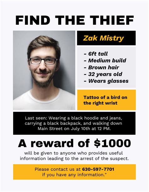 Black And Yellow Thief Wanted Poster Venngage