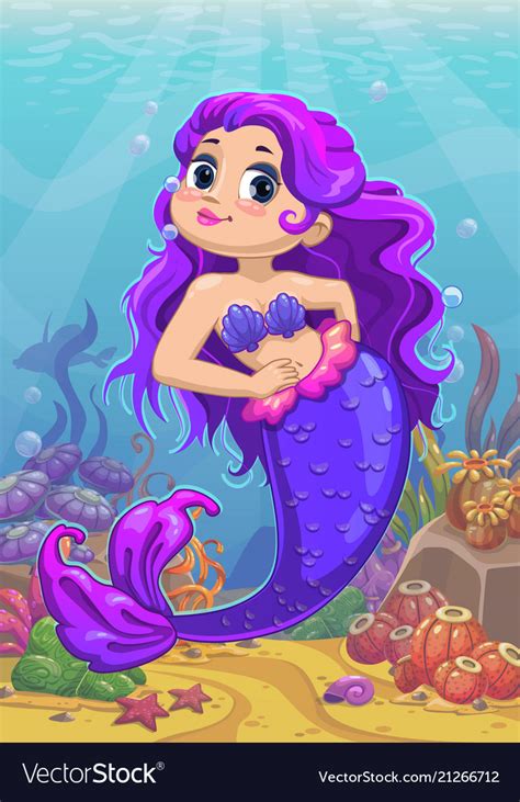 Cute Cartoon Little Mermaid With Purple Hair Vector Image