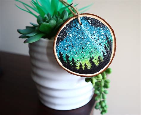 Wood Slice Painting Wood Slice Ornament Evergreen Trees Etsy