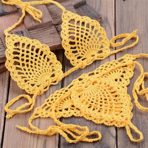Boho Bliss Handmade Crochet Micro Thong Bikini Set Yellow Xl