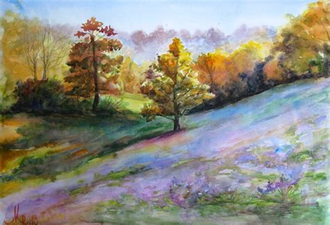 Original Landscape Painting Meadow Art Watercolor Landscape Painting