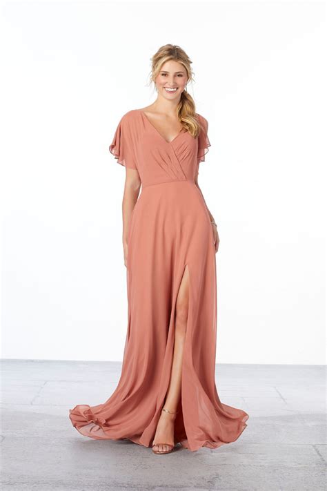 Chiffon Bridesmaid Dress With Flutter Sleeve And Front Slit