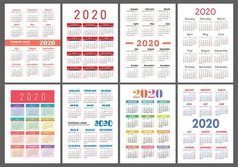 Calendar 2020 Year Vector Template Collection Colorful English Pocket
