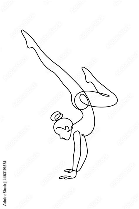 gymnast in continuous line art drawing style rhythmic gymnastics handstand balance minimalist