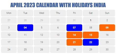 Holidays In April 2023 April 2023 Calendar With Holidays India