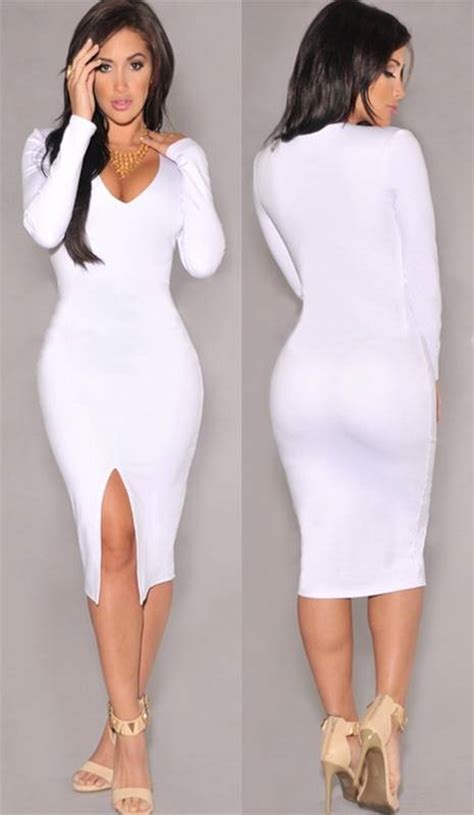 White Long Sleeve Deep V Neck Sexy Tight Front Slit Bodycon Midi Dress