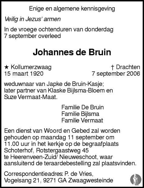 Johannes De Bruin 07 09 2006 Overlijdensbericht En Condoleances