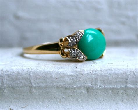 Beautiful Vintage 14K Yellow Gold Diamond And Turquoise Ring Etsy