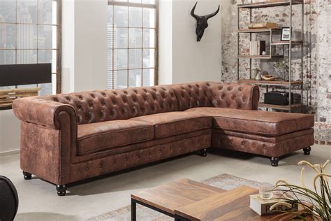 Antique Chesterfield Vintage Leather Look Corner Sofa Brown 230 Cm