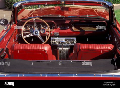 Classic 1966 Ford Mustang Convertible Red Leather Interior Stock Photo