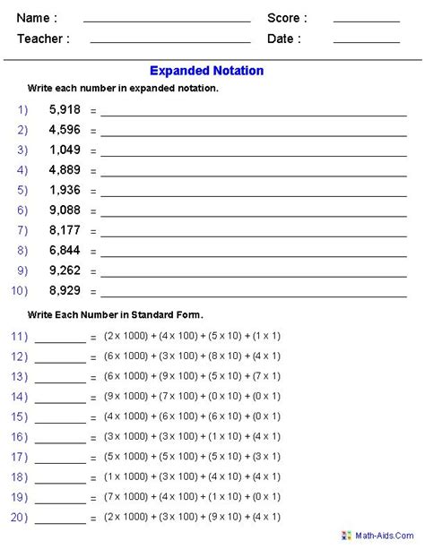 Numbers In Expanded Notation Worksheets