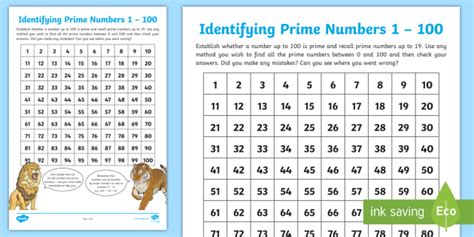 Prime Number Table Worksheet Prime Numbers To 100 Ks2