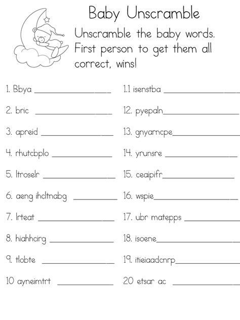 Baby girls require a complete collection of items that comprise stroller, diaper, cradle, etc.so, check your knowledge by rearranging letters of babycare items names. Baby Shower Unscramble Games - Free Printable Games | Free ...