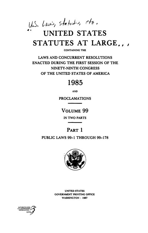 United States Statutes At Large Volume 99 1985 Unt Digital Library