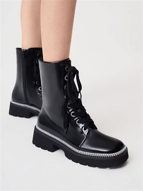 Black Chain Trim Lace Up Boots Charles And Keith Qa