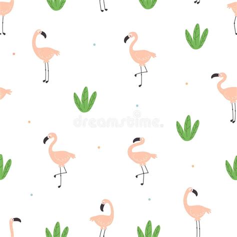 Seamless Pattern With Cute Cartoon Flamingos Plant Hand Drawing Flat