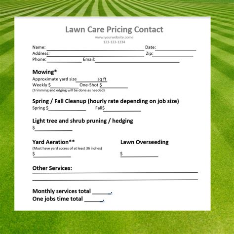 Lawn Care Mowing Pricing Sheet Bid Proposal Estimate Etsy