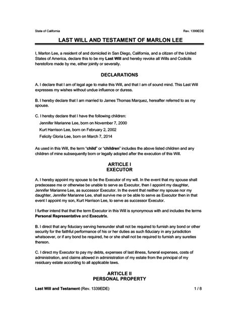 Last Will And Testament Template Free South Africa