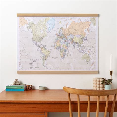 Medium Classic World Map Rolled Canvas With Wooden Hanging Bars