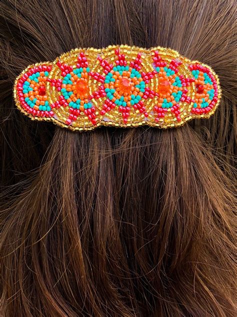 Gold Beaded Hair Clip Native Beaded Barrette Handmade Hair Etsy