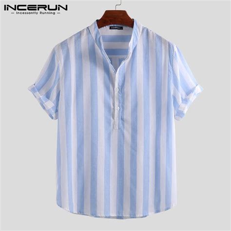 Buy Incerun Summer Tops Mens Striped Short Sleeve Shirt Casual Crew