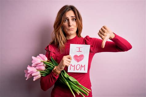 Beautiful Brunette Woman Holding Love Mom Message And Tulips Celebrating Mothers Day With Angry