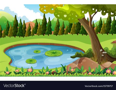 Scene With Pond In The Field Royalty Free Vector Image