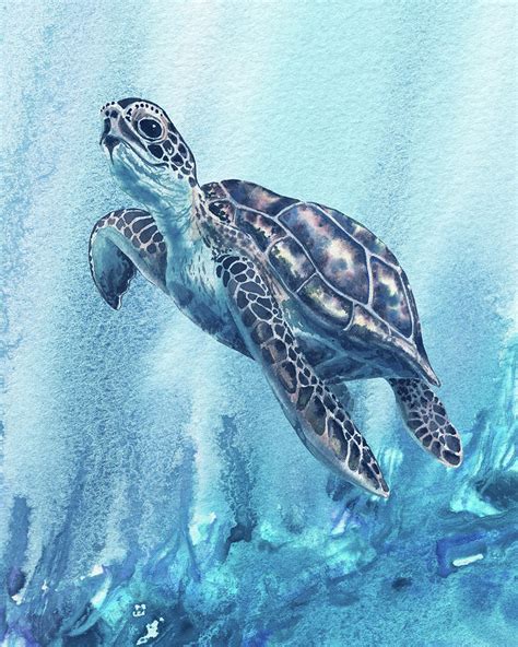 Giant Sea Turtle In Deep Blue Ocean Watercolor Painting By Irina