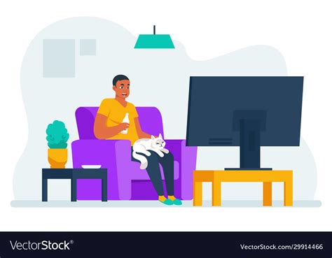 Man Watching Tv Cartoon Guy Sitting On Sofa At Vector Image