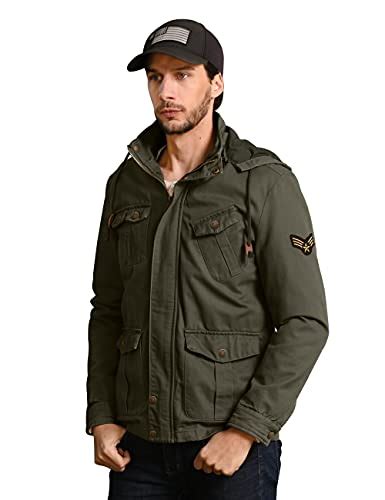 Wenven Men Lightweight Cotton Twill Military Jacket With Hood Army
