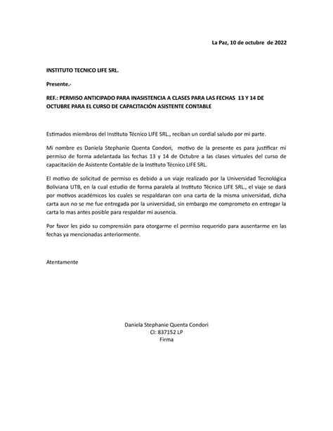Carta De Inasistencia A Clases La Paz 10 De Octubre De 2022