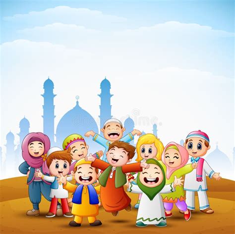 Happy Kids Celebrate For Eid Mubarak With Mosque Background Stock