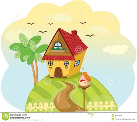Landscape Cute House Of Top Of The Hill Stock Vector Illustration Of