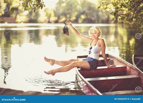 Woman Relaxing On The Vintage Wooden Boat Stock Photo Image Of Happy