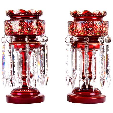 Victorian Ruby Glass Lusters With Crystal Prisms Crystal Prisms