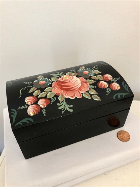 Hand Painted Wooden Box Black With Pink Roses And Blue Daisies Etsy