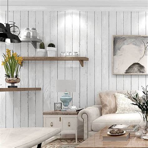Country Rustic Wood Panel Look White Striped Wallpaper