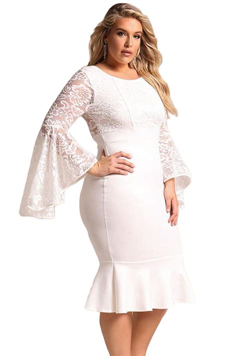Sexy White Plus Size Lace Bell Sleeve Mermaid Bodycon Dress Sexy