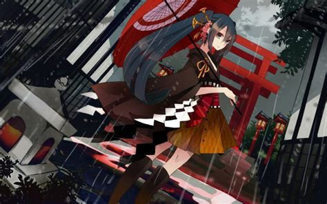 Hatsune Miku Vocaloid Umbrella Rain Twintails Wallpapers Hd