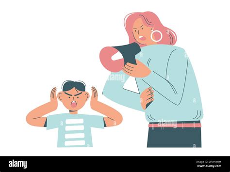 Angry Mother Screaming Through Megaphone Scolding His Son Flat Vector Illustration Mother And