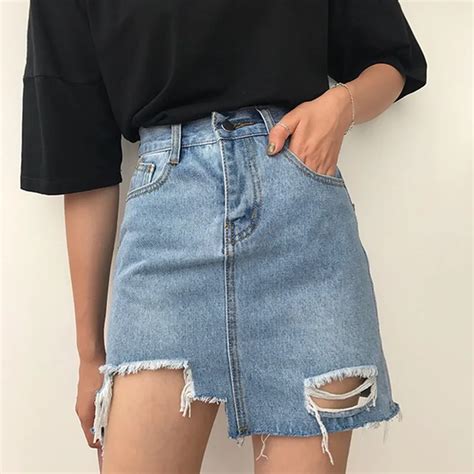 Exotao Women Hole Tassel Jean Skirts Asymmetrical High Waist Mini Skirts Korean Style Denim
