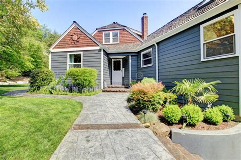 Blue Grey House Exterior With Green Landscape Stock Image Image Of