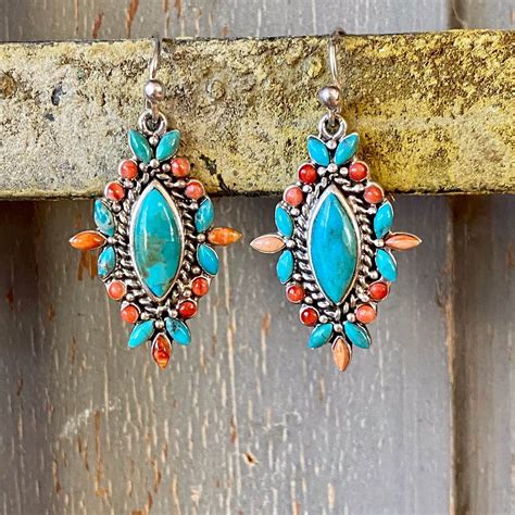 Turquoise And Spiny Oyster Earrings In Sterling Silver