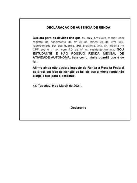 Declaração De Ausencia De Renda De Menor Pdf